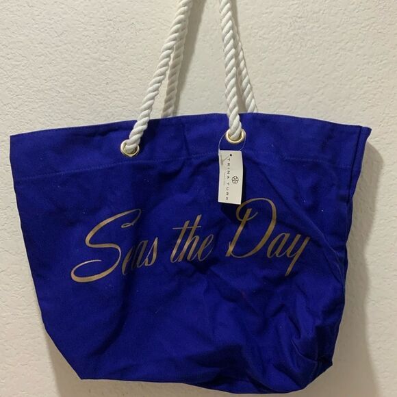 Trina Turk Large Canvas Tote Carryall Beach Bag "Seas the Day" Cobalt Blue NWT - Picture 2 of 12